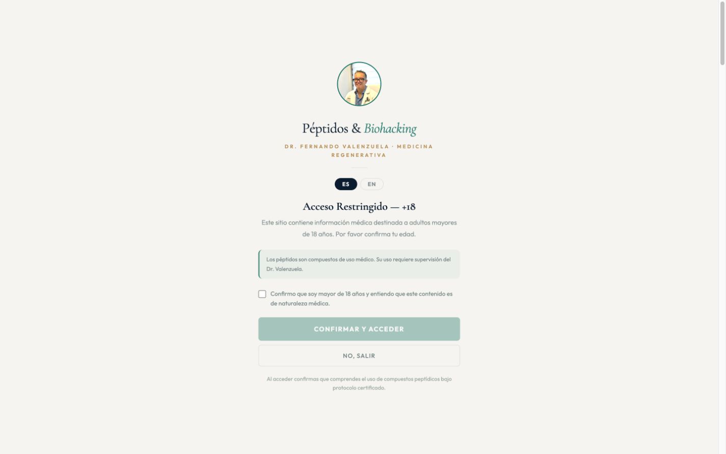 Actual PeptBiohacking public website entry screen